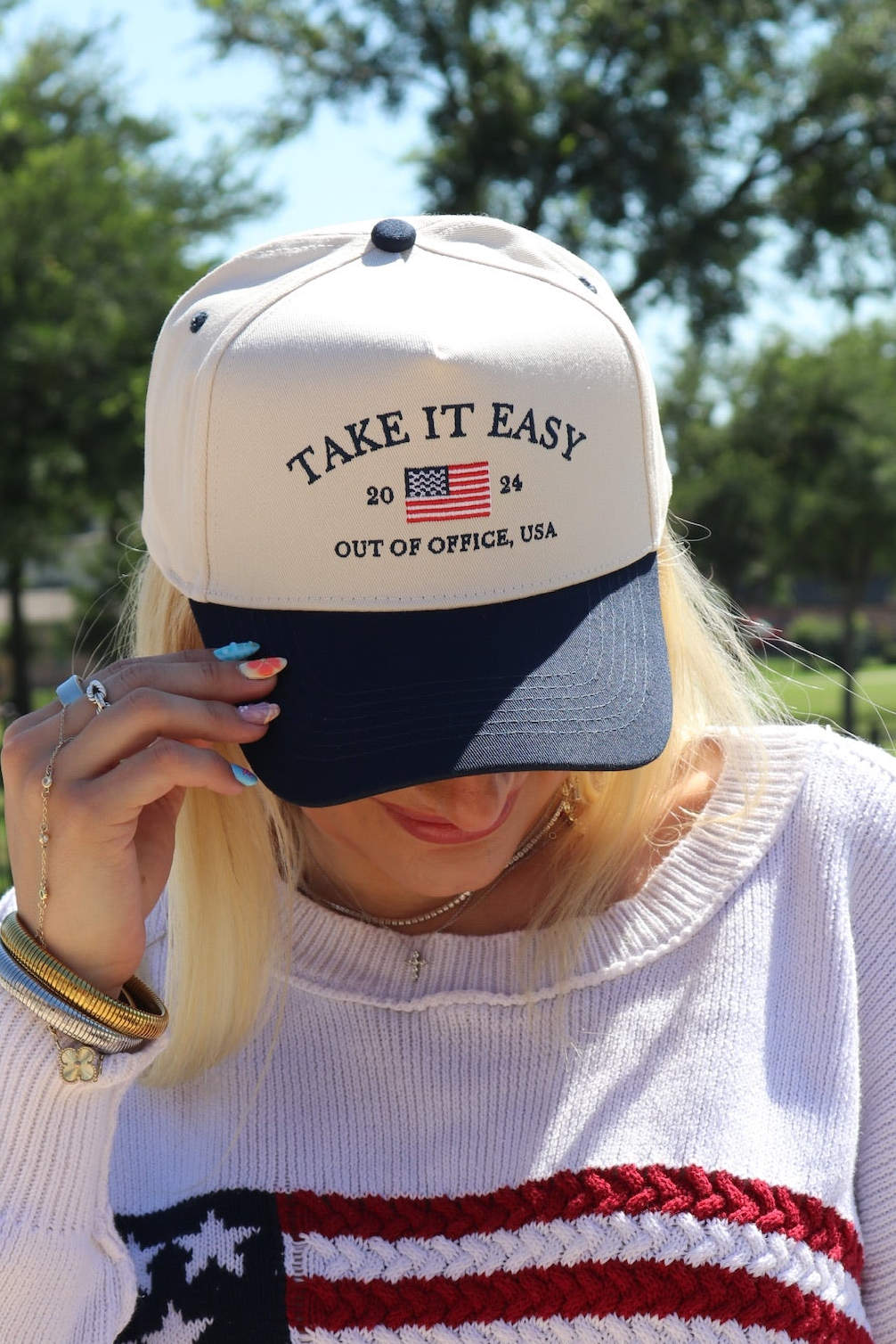 \'Take It Easy\' Trucker Hat - Cream & Navy Vintage Trucker Hat | Take it Easy Trucker Hat | KenzKustomz main image 3
