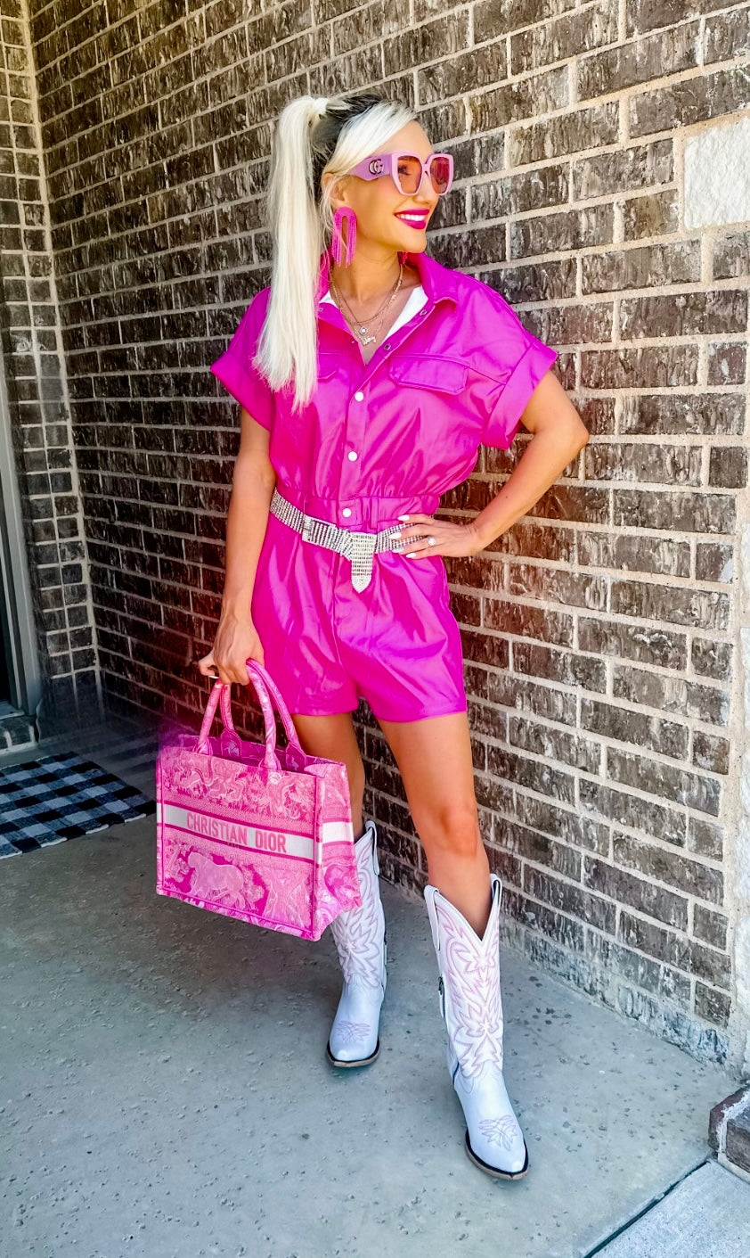 Girl Next Door Pink Leather Romper Pretty Little Babes Boutique