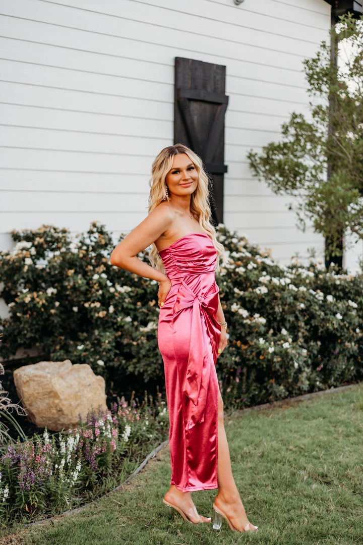 Magenta Satin Side Sash Maxi Dress